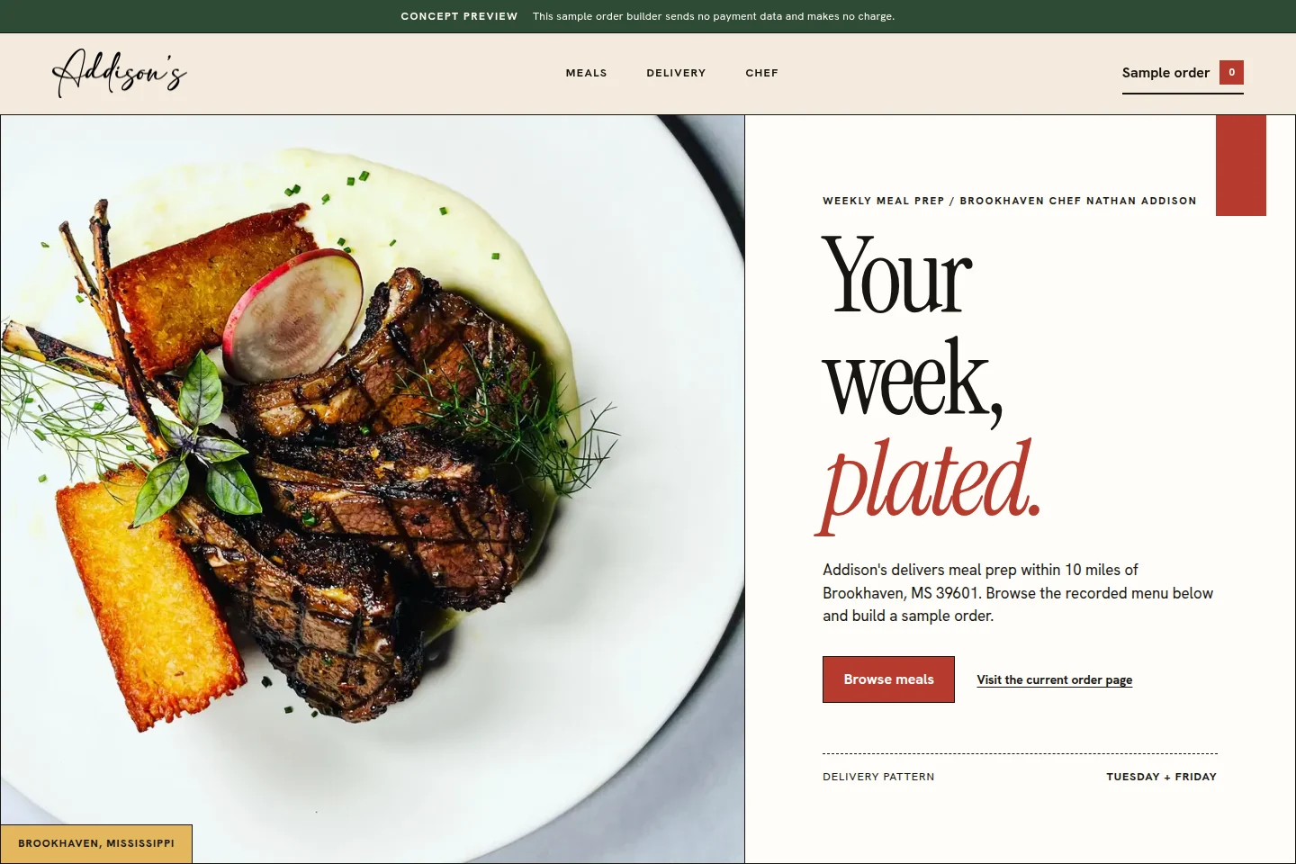 Addison's website with a plated meal and sample ordering controls