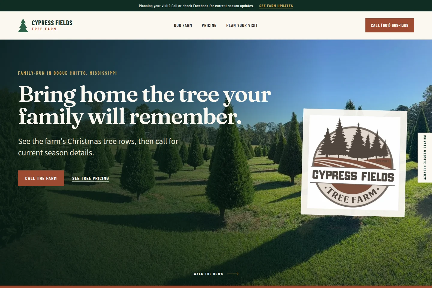 Cypress Fields Tree Farm website with a wide photograph of Christmas tree rows