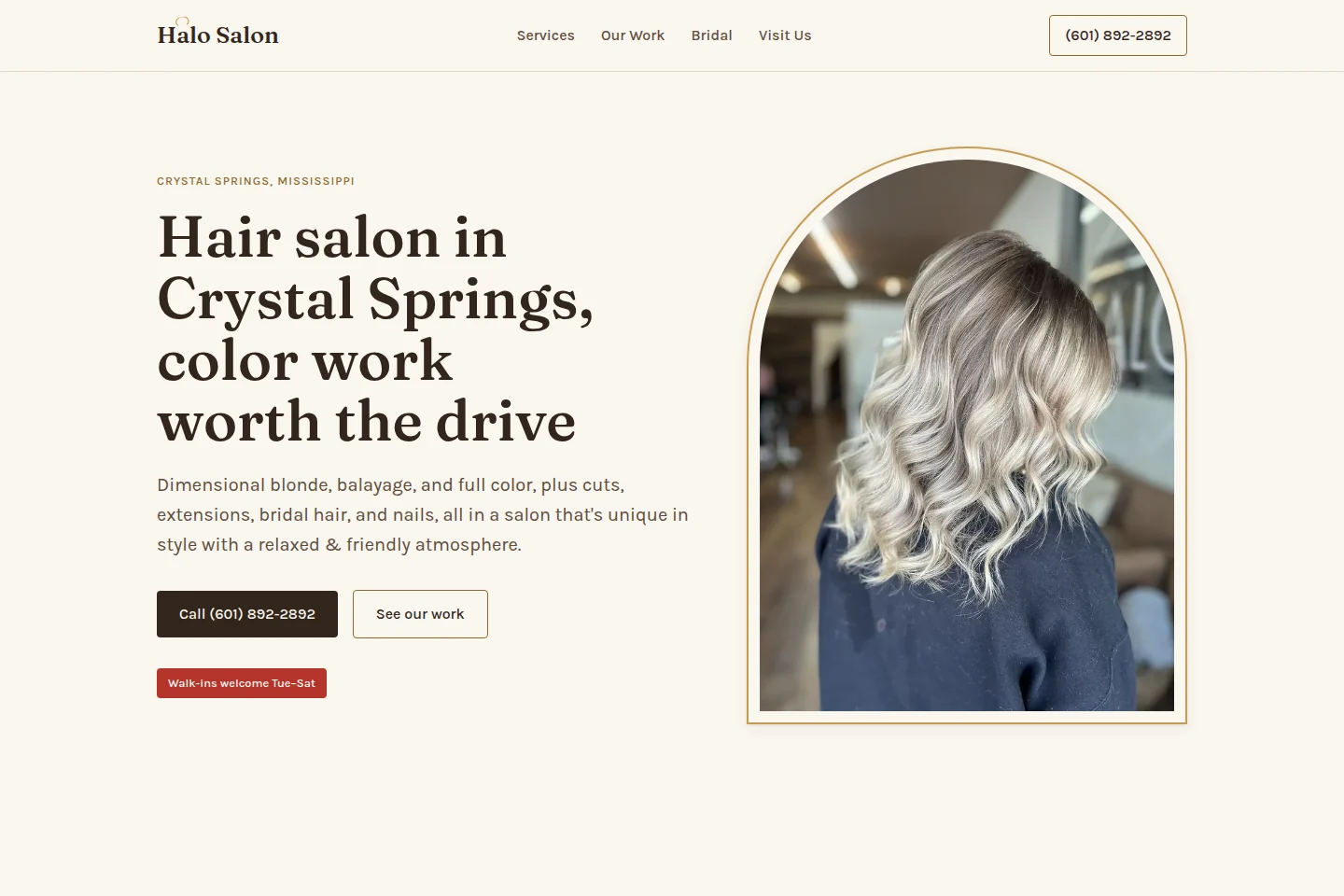 Halo Salon website with an arched photograph of dimensional hair color