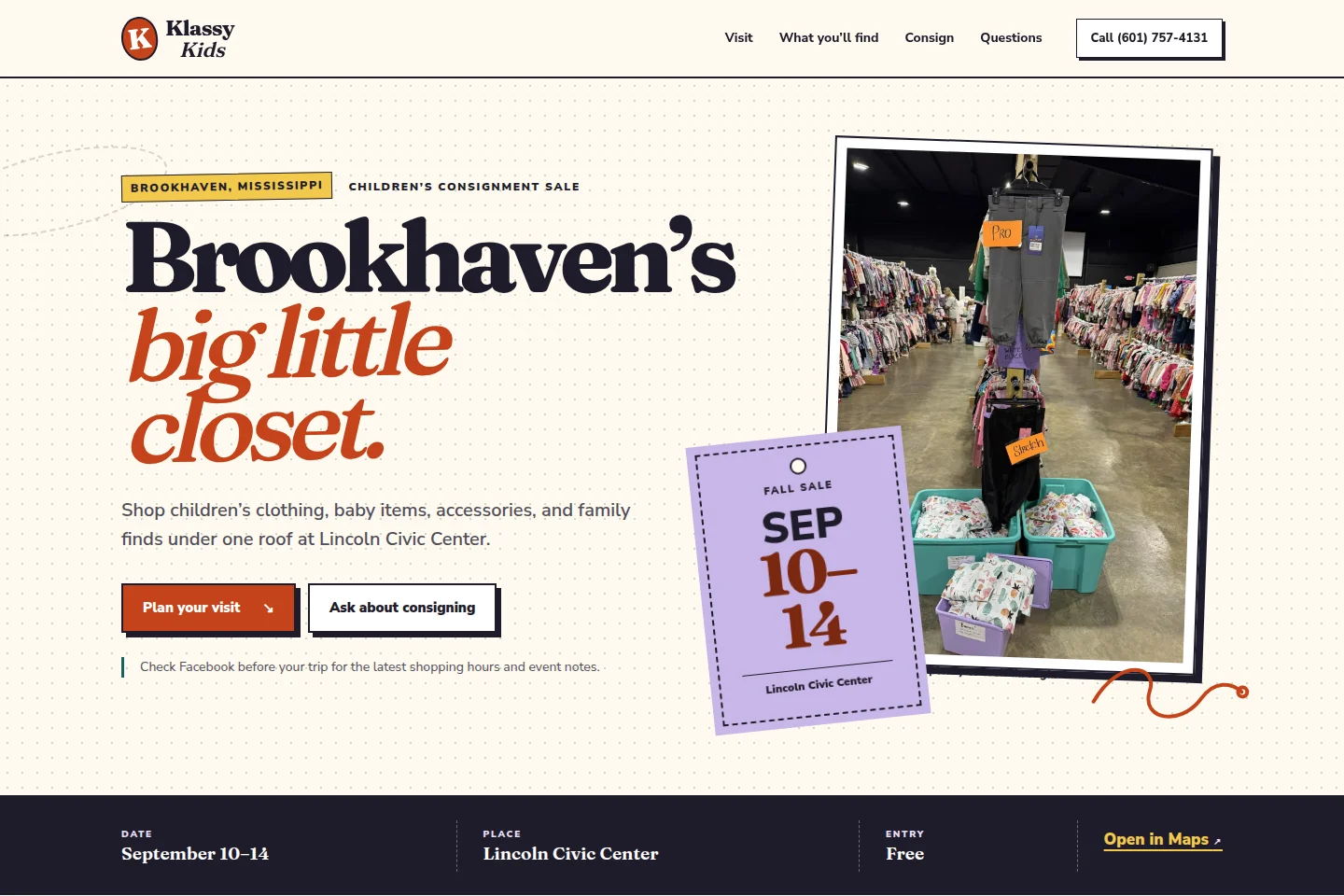 Klassy Kids website with consignment sale photographs and event dates