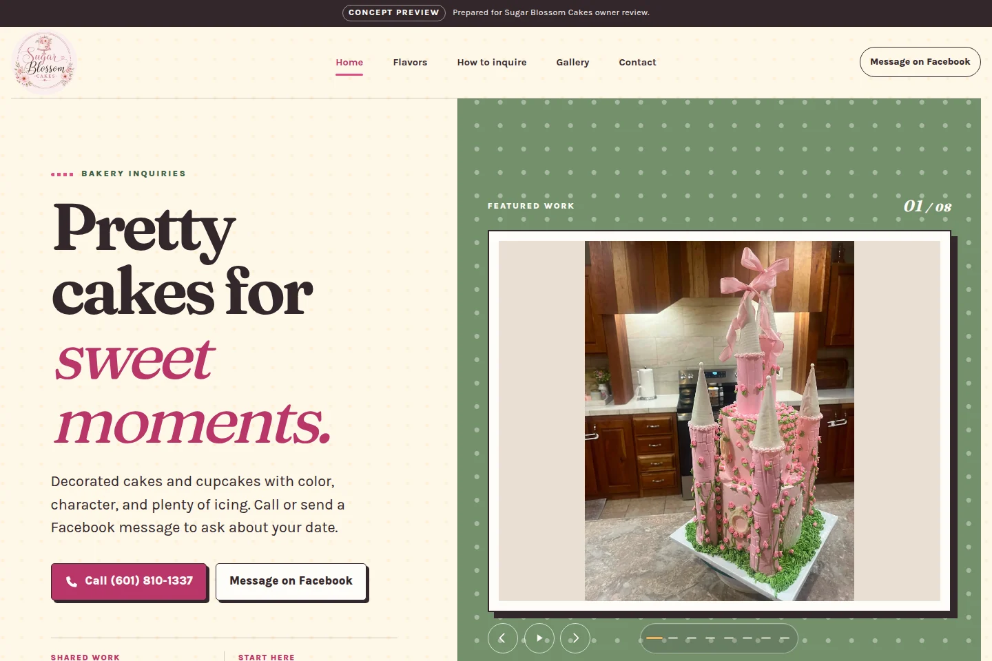 Sugar Blossom Cakes website with pink type and a decorated cake gallery
